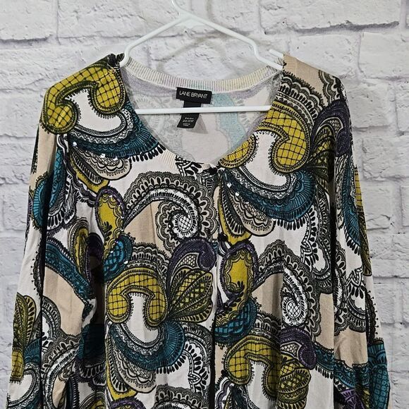 Lane Bryant 22/24 Women Plus Teal Sequin Paisley Print Cardigan Sweater Knit - Picture 2 of 10
